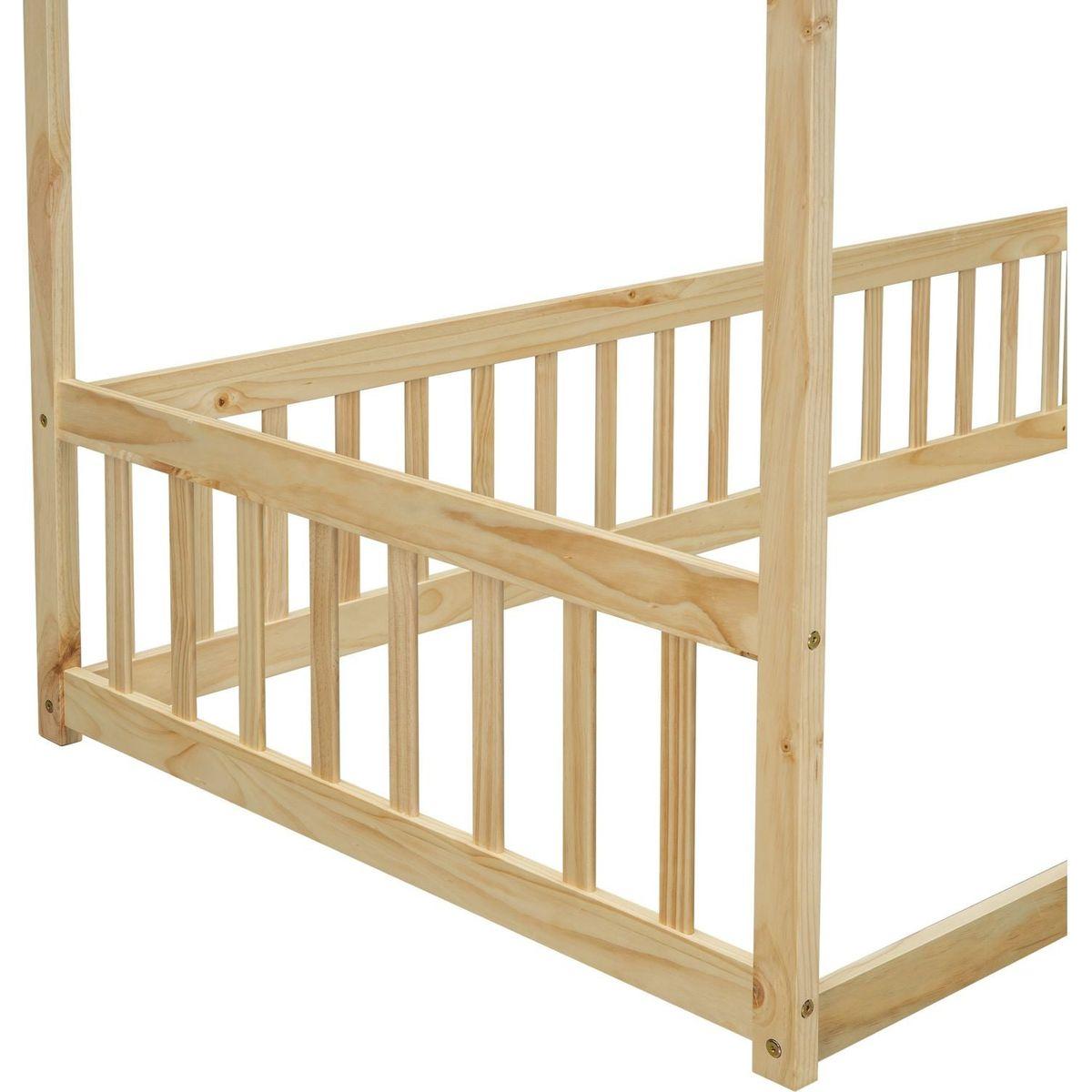 Twin Size Canopy Frame Floor Bed with Fence, Guardrails,Natural