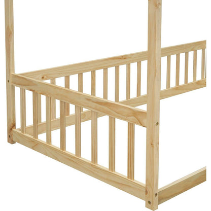 Twin Size Canopy Frame Floor Bed with Fence, Guardrails,Natural