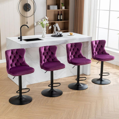 Swivel Velvet Barstools Adjusatble Seat Height from 25-33 Inch,17.7inch base, Modern Upholstered Bar Stools with Backs Comfortable Tufted for Home Pub and Kitchen Island,Purple,Set of 2