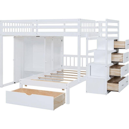 Full Over Twin Bunk Bed with Wardrobe, Drawers, White