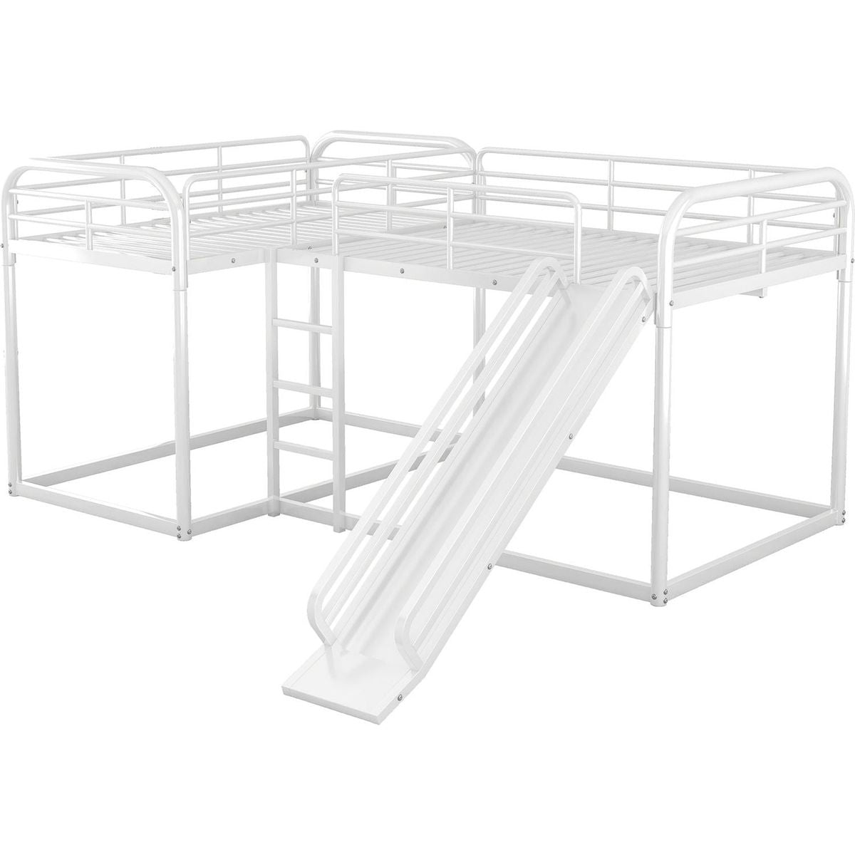 Full and Twin Size L-Shaped Bunk Bed with Slide and Short Ladder, White