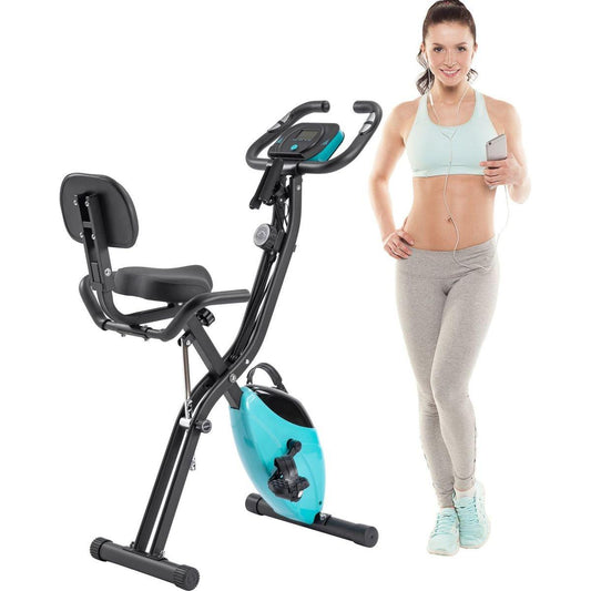 Folding Exercise Bike, Fitness Upright and Recumbent X-Bike with 10-Level Adjustable Resistance, Arm Bands and Backrest