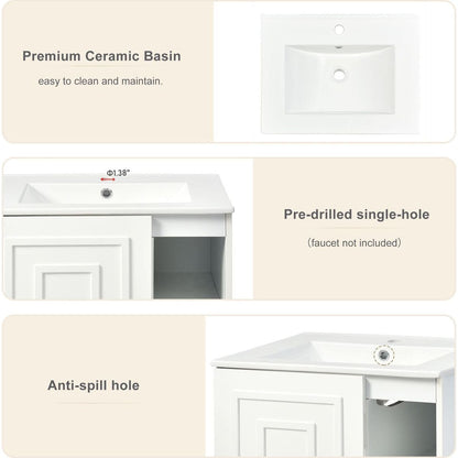 24inch White Bathroom Vanity Sink Combo for Small Space, Modern Design with Ceramic Basin, Gold Legs and Semi-open Storage(Faucet Not Included)