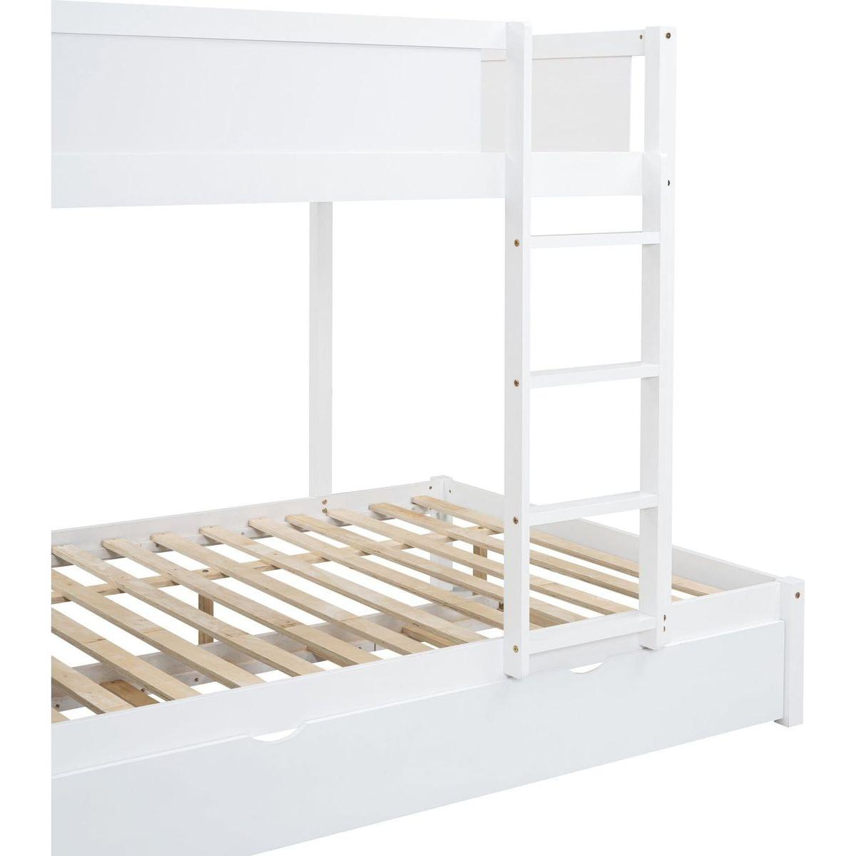 Full-Over-Full Bunk Bed with Twin size Trundle, Storage and Desk, White