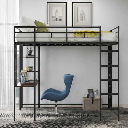 Full Size Metal Loft Bed with 2 Shelves and one Desk, Black