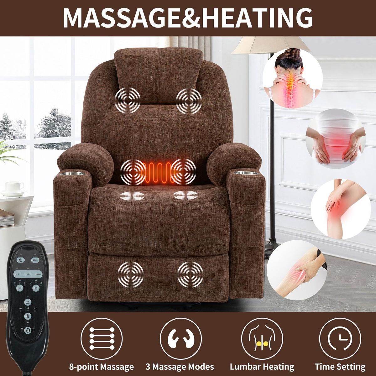 Okin motor Up to 350 LBS Chenille Power Lift Recliner Chair, Heavy Duty Motion Mechanism with 8-Point Vibration Massage and Lumbar Heating, USB and Type-C Ports, Stainless Steel Cup Holders, Brown