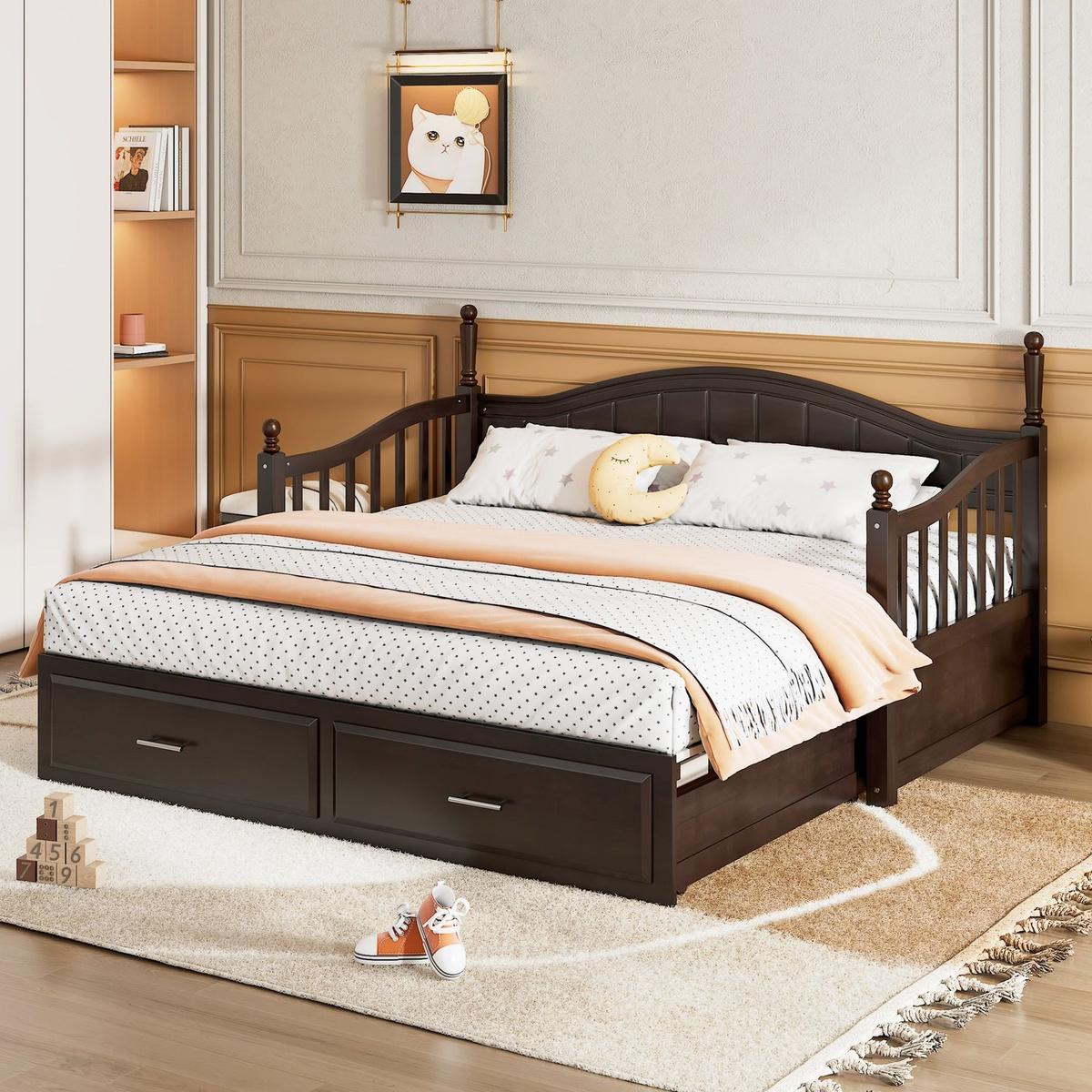 Wooden Twin Size Daybed with Twin Size Trundle, Extendable Daybed with Two Storage Drawers, Espresso