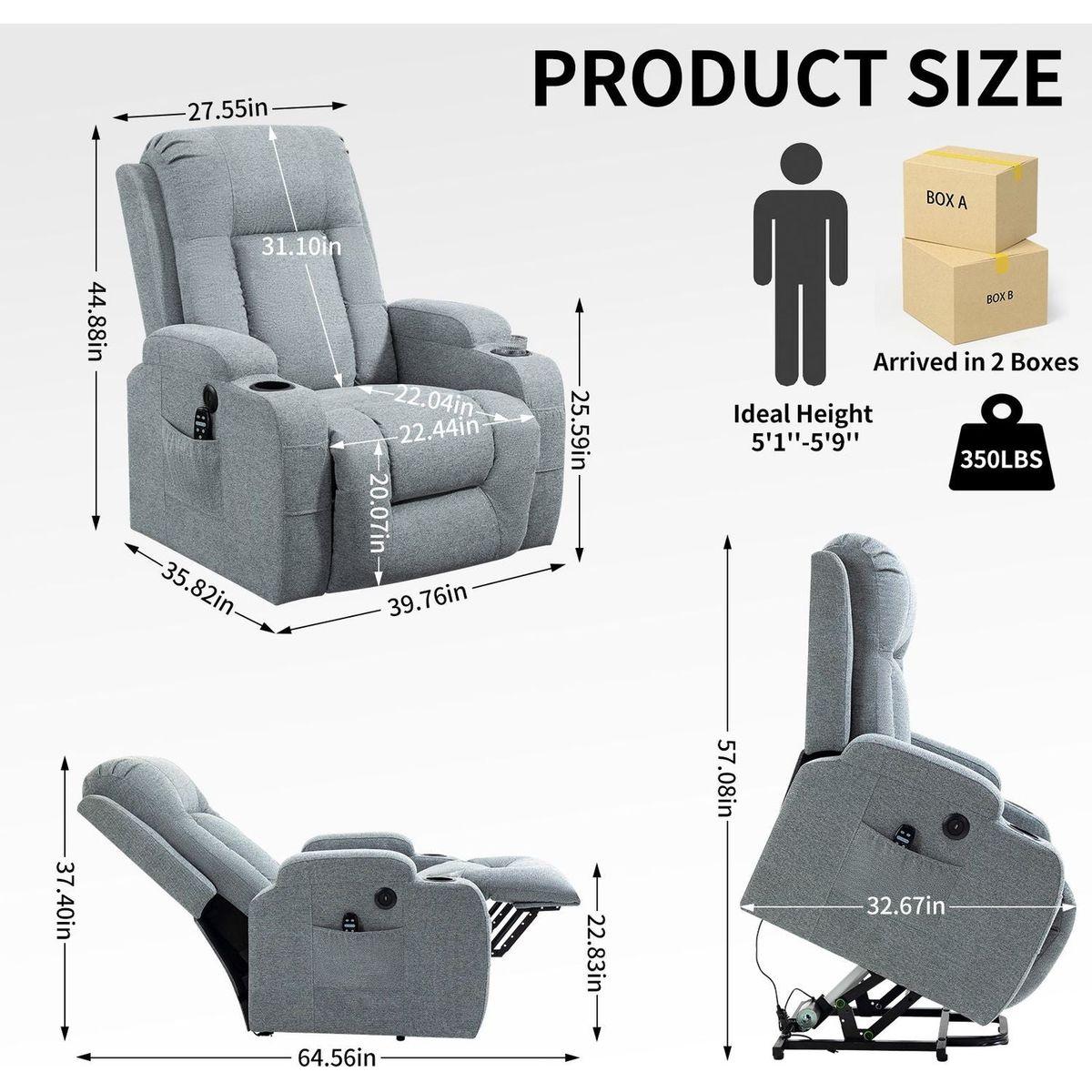 Infinite Position Okin Motor Up to 350 LBS Power Lift Recliner Chair for Elderly, Heavy Duty Motion Mechanism with 8-Point Vibration Massage and Lumbar Heating, USB Charging Port, Cup Holders, Grey