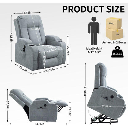 Infinite Position Okin Motor Up to 350 LBS Power Lift Recliner Chair for Elderly, Heavy Duty Motion Mechanism with 8-Point Vibration Massage and Lumbar Heating, USB Charging Port, Cup Holders, Grey