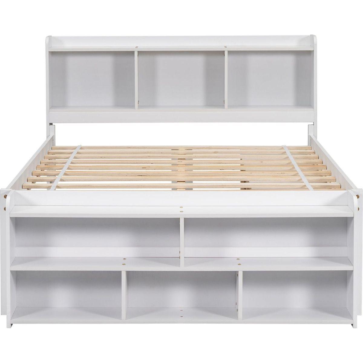 Full Bed with Bookcase Headboard, Under bed Storage Drawers and Bed End Storage Case,White