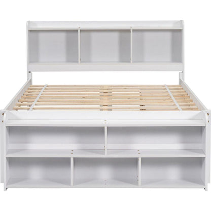 Full Bed with Bookcase Headboard, Under bed Storage Drawers and Bed End Storage Case,White