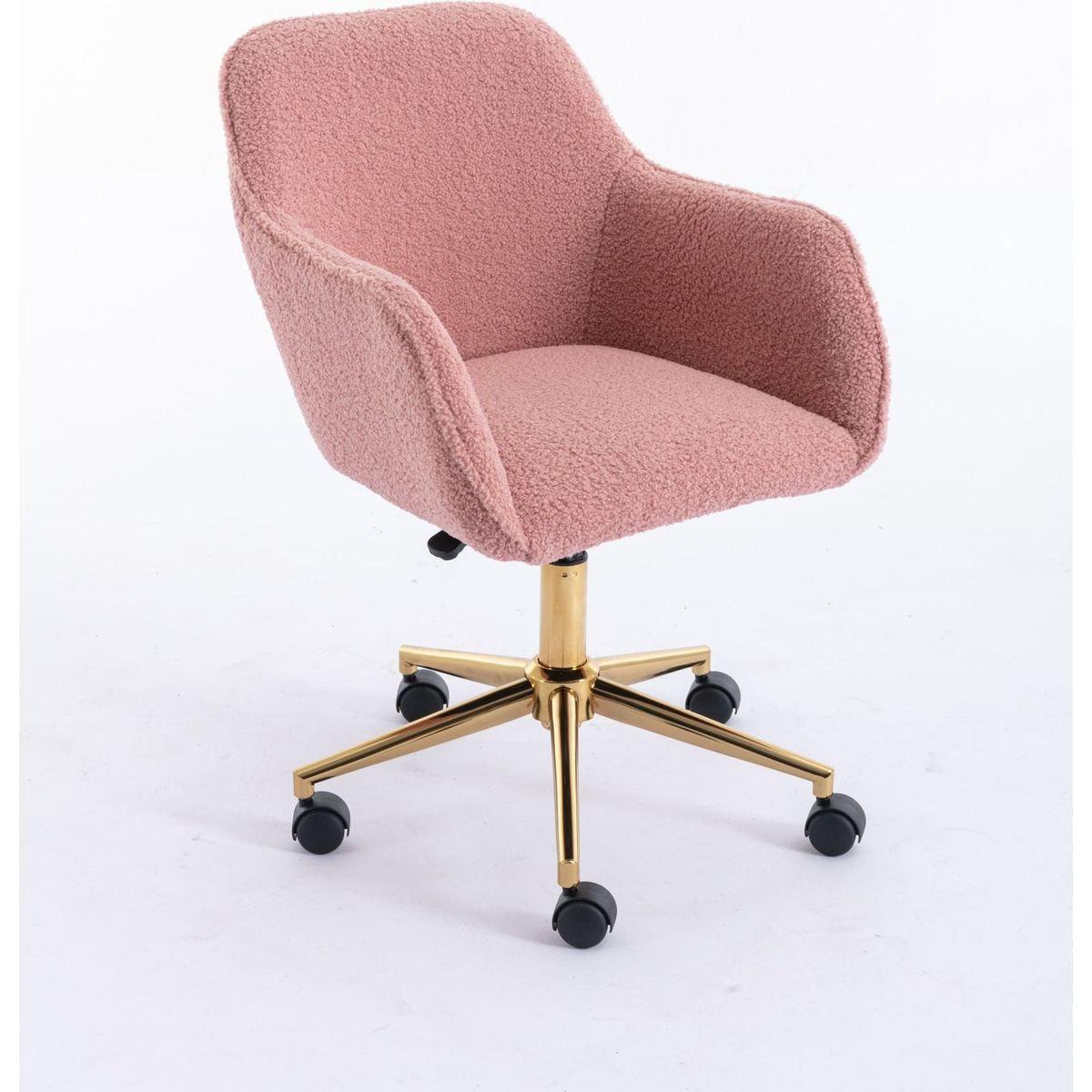 Modern Teddy Fabric Material Adjustable Height 360 Revolving Home Office Chair With Gold Metal Legs And Universal Wheel For Indoor,Pink