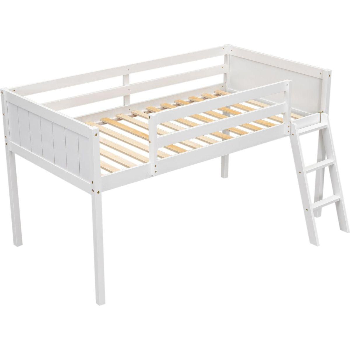 Twin Size Wood Low Loft Bed with Ladder, ladder can be placed on the left or right, White