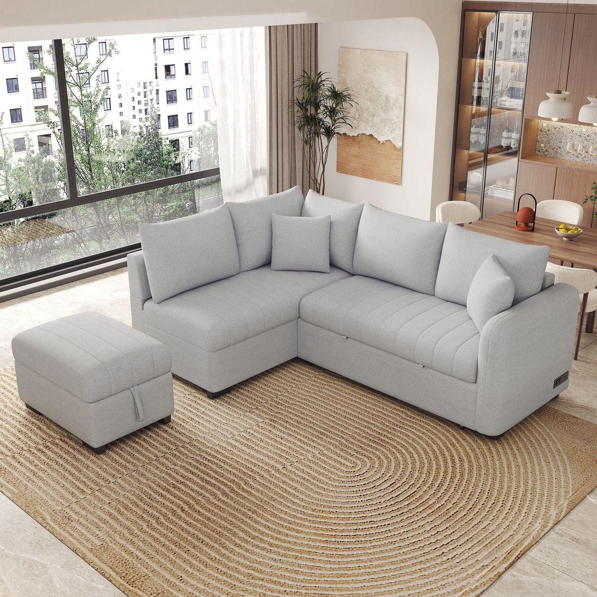 82.6" L-shaped Sectional Pull Out Sofa Bed Sleeper Sofa with Two USB Ports, Two Power Sockets and a Movable Storage Ottoman, Gray