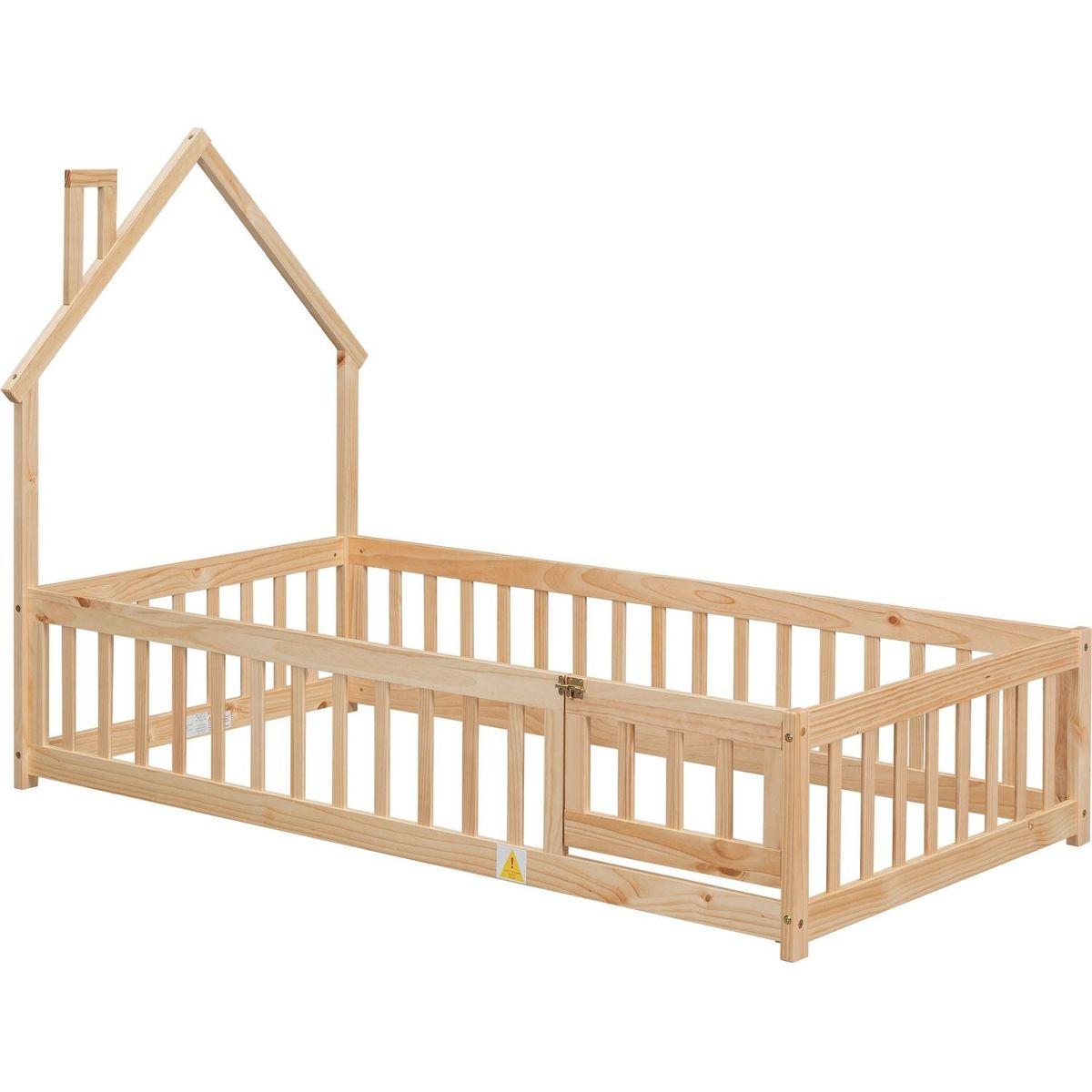 Twin House-Shaped Headboard Floor Bed with Fence ,Natural