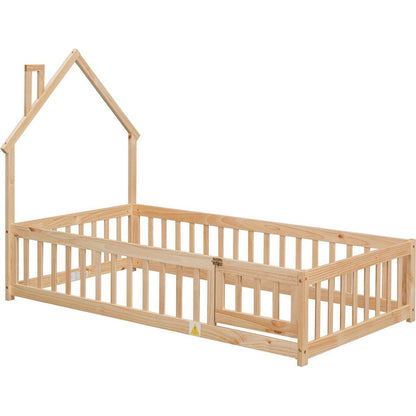 Twin House-Shaped Headboard Floor Bed with Fence ,Natural