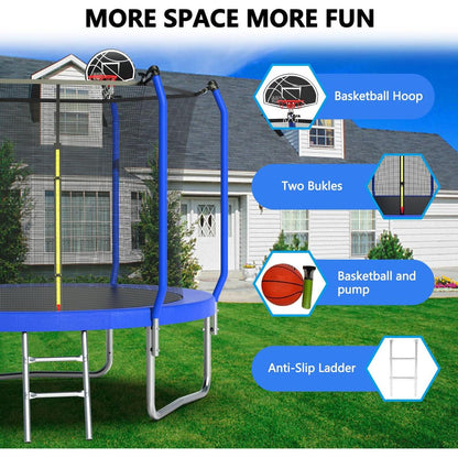 10FT Trampoline with Basketball Hoop, ASTM Approved Reinforced Type Outdoor Trampoline with Enclosure Net