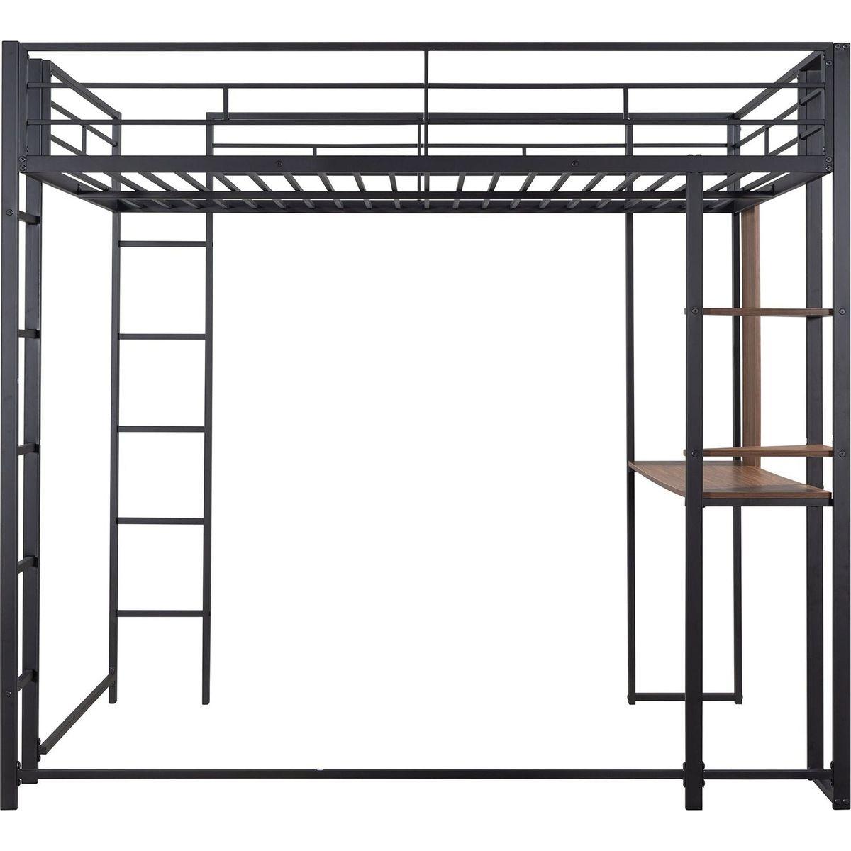 Full Size Metal Loft Bed with 2 Shelves and one Desk, Black