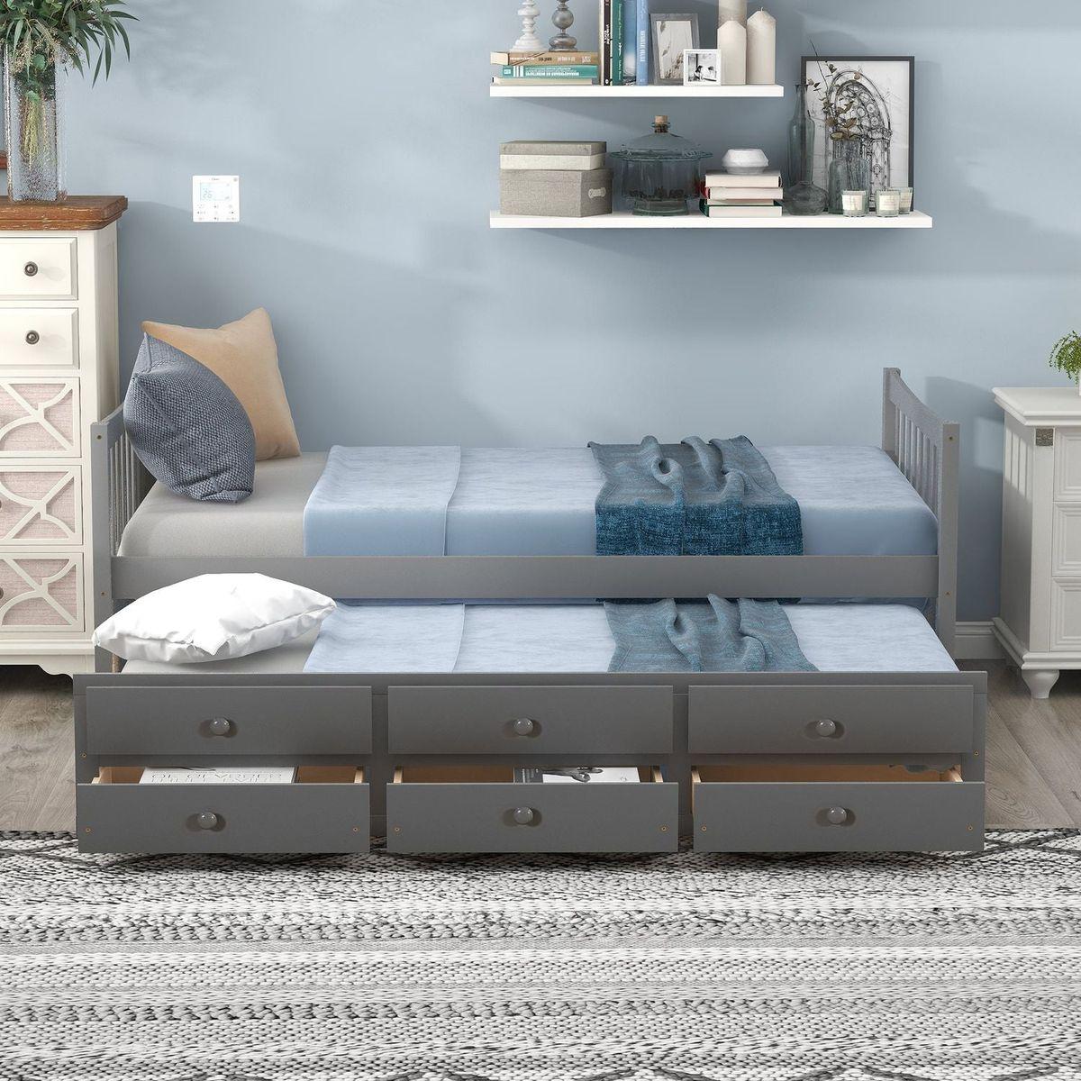 Daybed with Trundle and Drawers, Twin Size, Gray