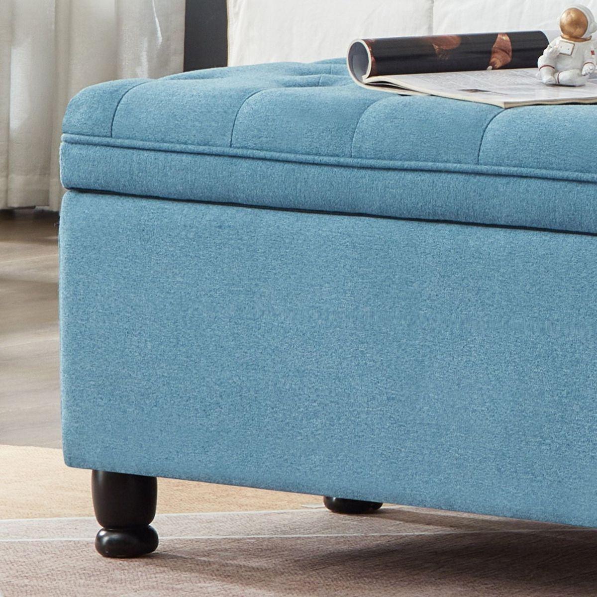 Upholstered tufted button storage bench, Linen fabric entry bench with spindle wooden legs, Bed bench- Light Blue