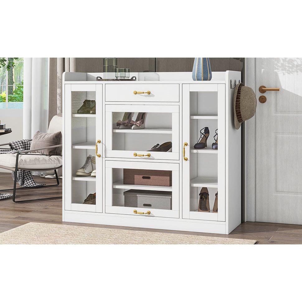 Modernist Side Cabinet with 4 Glass Doors & 3 Hooks, Freestanding Shoe Rack with Multiple Adjustable Shelves, Versatile Display Cabinet with Gold Handles for Hallway, Living Room, White