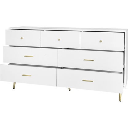 Seven Drawers Large Chest of Drawer Cabinet with Golden Handle and Golden Legs White Color