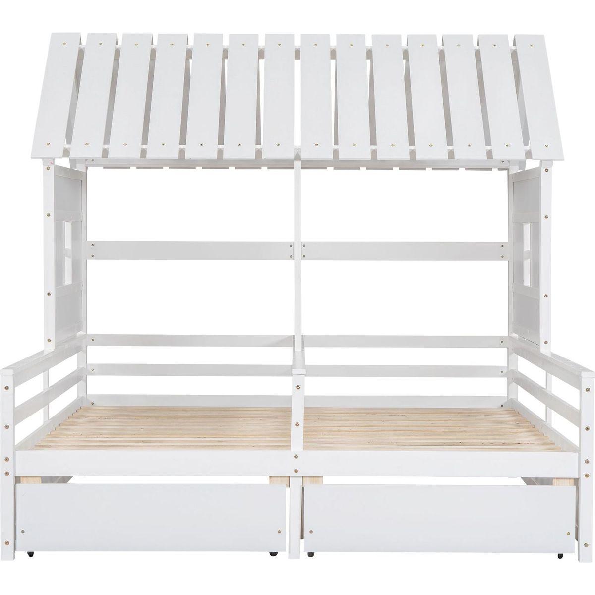 Twin Size House Platform Beds with Two Drawers for Boy and Girl Shared Beds, Combination of 2 Side by Side Twin Size Beds,White