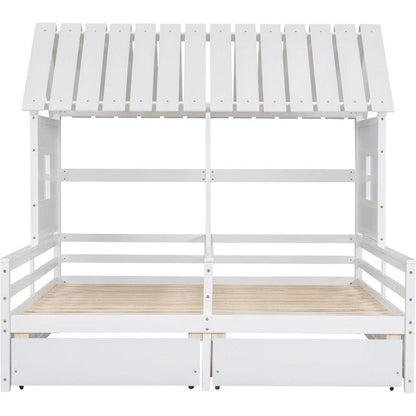 Twin Size House Platform Beds with Two Drawers for Boy and Girl Shared Beds, Combination of 2 Side by Side Twin Size Beds,White