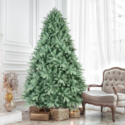 8FT Blue-Green Tint Christmas Tree with 3308 PE+PVC Tips – Unique Full-Bodied Tree with Hinged Branches, Easy Assembly, Stable Metal Stand, Eye-Catching Holiday Decor