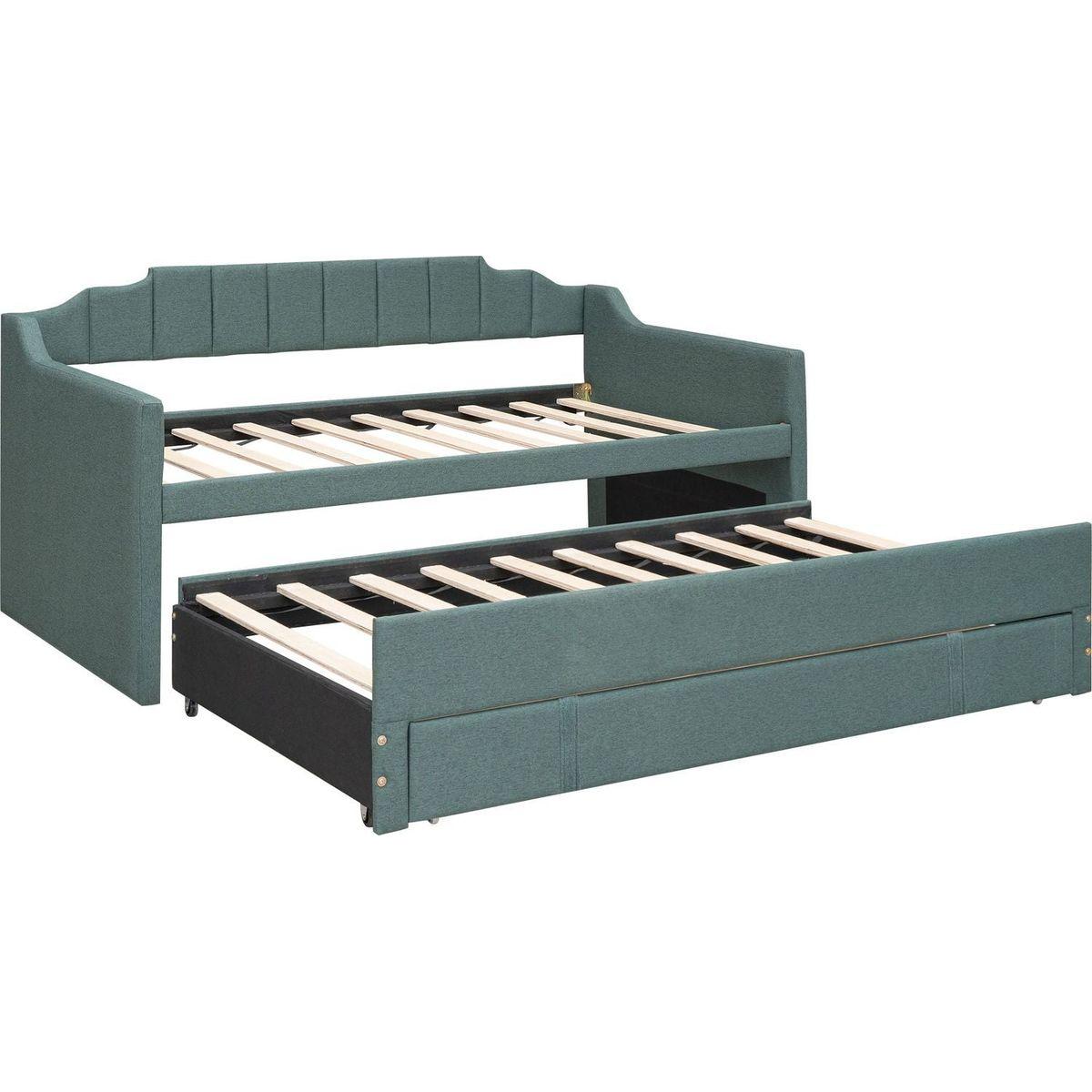 Twin Size Upholstered Daybed with Trundle and Three Drawers,Green