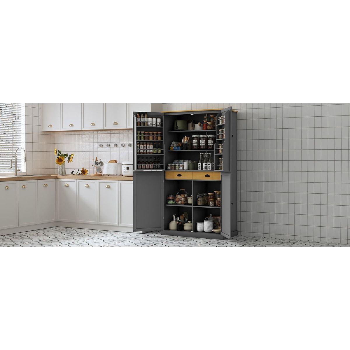 [Assembly Video Provided]40.2x20x71.3inch High Freestanding Kitchen Pantry Large Cupboard Storage Cabinet with 2 Drawers, 2 Adjustable Shelves, 8 Door Shelves for Kitchen, Dining Room,Gray