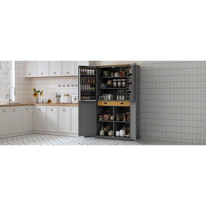 [Assembly Video Provided]40.2x20x71.3inch High Freestanding Kitchen Pantry Large Cupboard Storage Cabinet with 2 Drawers, 2 Adjustable Shelves, 8 Door Shelves for Kitchen, Dining Room,Gray