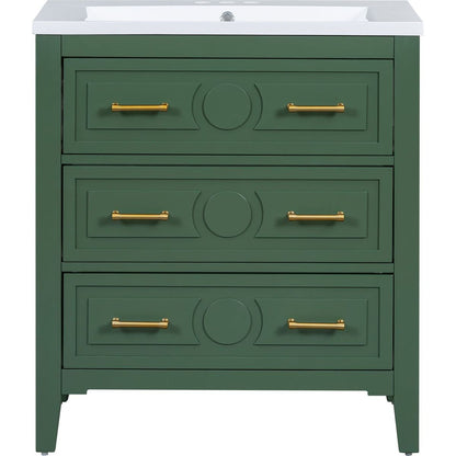 30" Bathroom Vanity with Resin Sink Combo, Free Standing Single Vanity Set with 3 Drawers, Solid Wood Frame Bathroom Storage Cabinet, Green