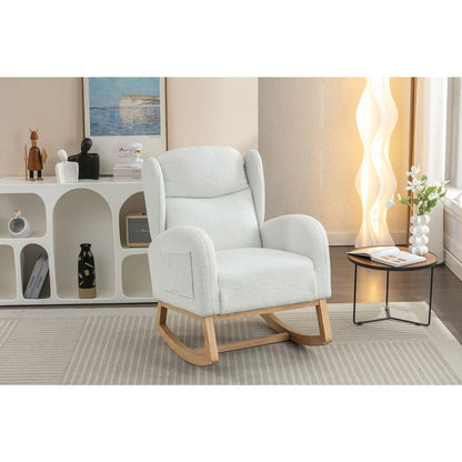 Teddy Fabric Rocking Chair With Packet Wood Legs,Ivory