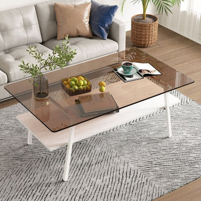 Rectangle Coffee Table, Tempered Glass Tabletop with White Metal Legs, Modern Table for Living Room, Brown Glass