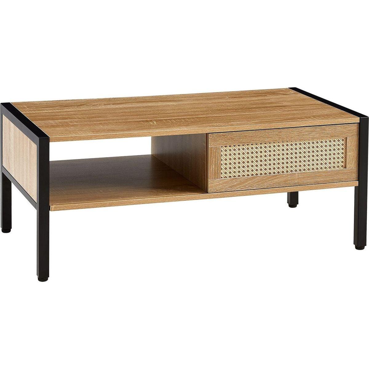 40.16" Rattan Coffee table, sliding door for storage, metal legs, Modern table for living room, natural
