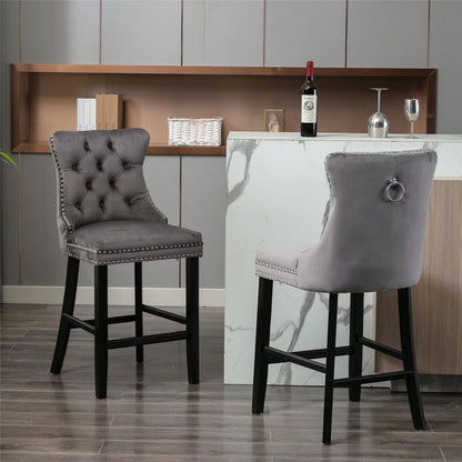 Contemporary Velvet Upholstered Barstools with Button Tufted Decoration and Wooden Legs, and Chrome Nailhead Trim, Leisure Style Bar Chairs,Bar stools, Set of 2 (Gray)