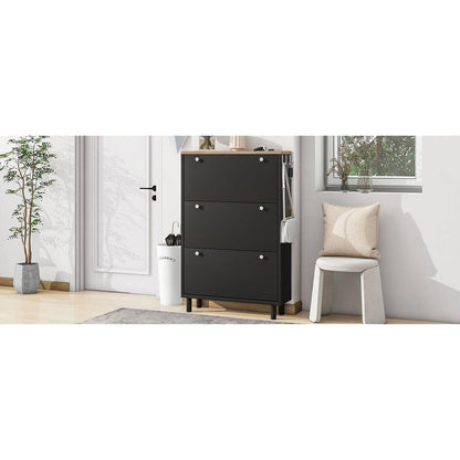 Narrow Design Shoe Cabinet with 3 Flip Drawers, Wood Grain Pattern Top Entryway Organizer with 3 Hooks, Free Standing Shoe Rack with Adjustable Panel for Hallway, Black