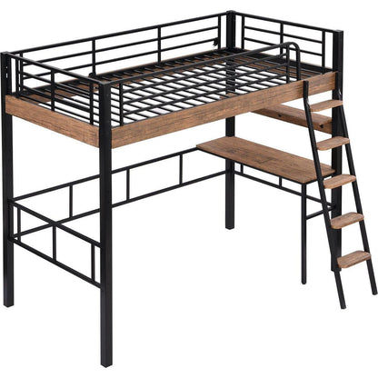 Metal Twin Size Loft Bed with Built-in Desk, Storage Shelf and Ladder, Black