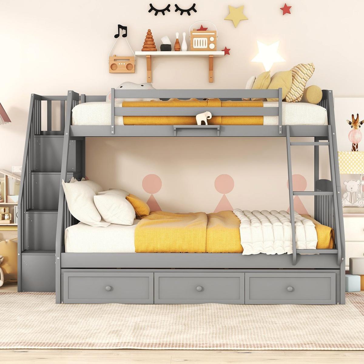 Twin-Over-Full Bunk Bed with Drawers氓Ladder and Storage Staircase, Gray