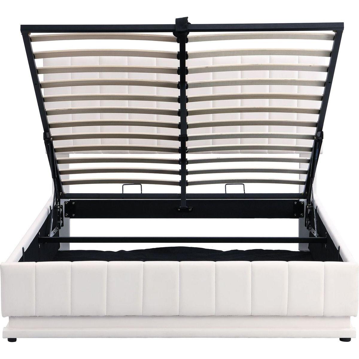 Full Size Upholstered Bed with Hydraulic Storage System and LED Light, Modern Platform Bed with Sockets and USB Ports, White