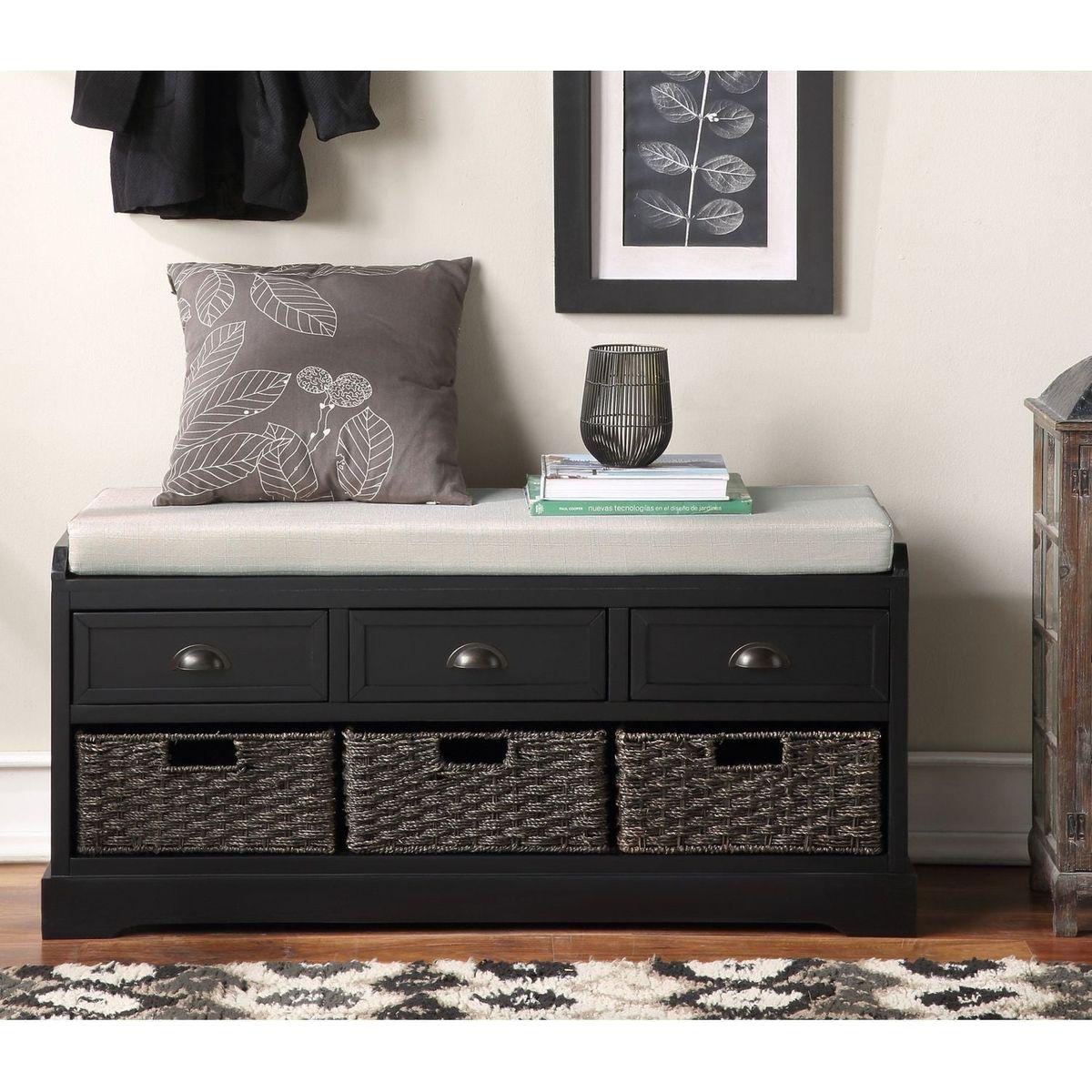 Homes Collection Wood Storage Bench with 3 Drawers and 3 Baskets