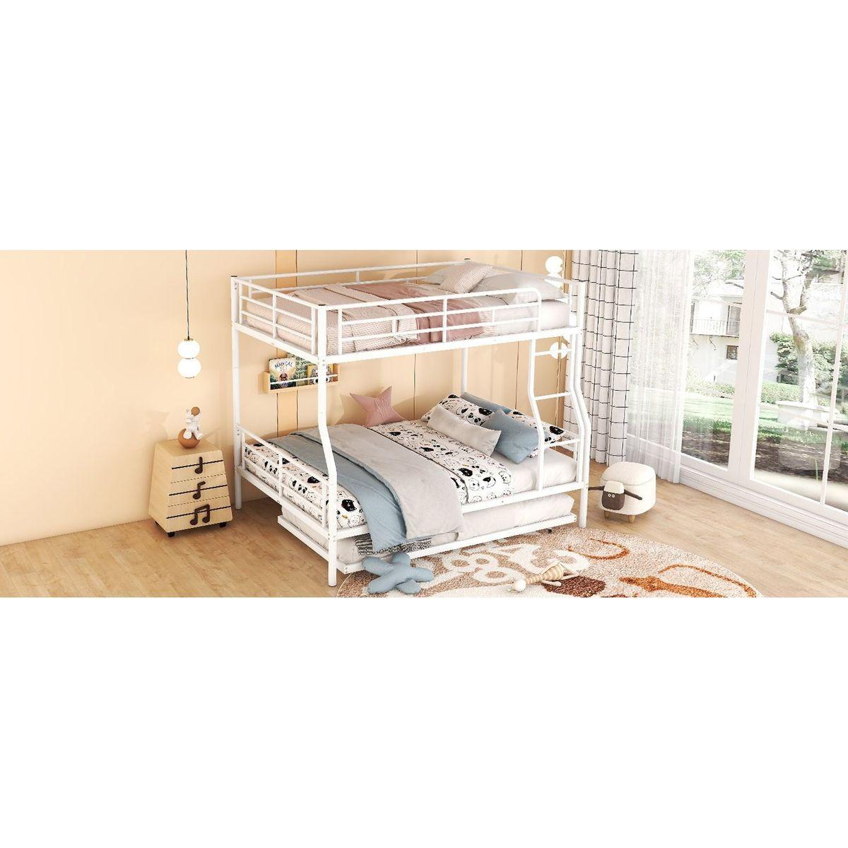Full XL Over Queen Metal Bunk Bed with Trundle, White
