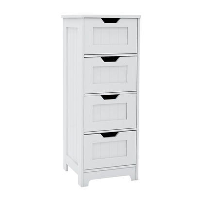 White freestanding storage cabinet with 4 drawers, suitable for bathroom, living room, kitchen
