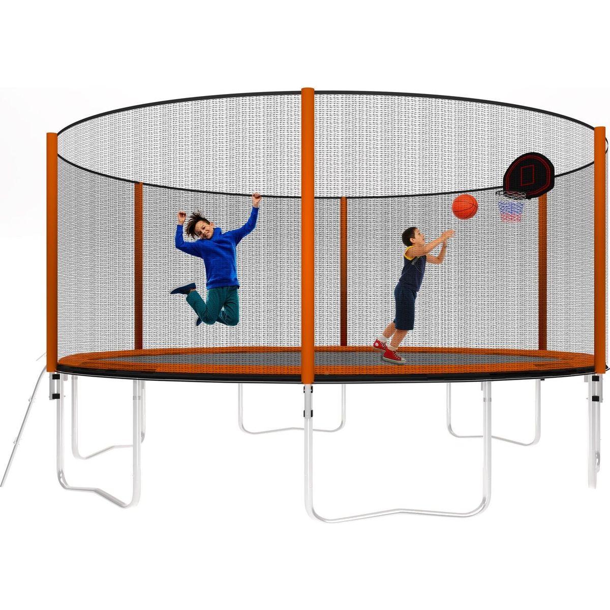 14FT Powder-coated Advanced Trampoline with Basketball Hoop Inflator and Ladder(Outer Safety Enclosure) Orange