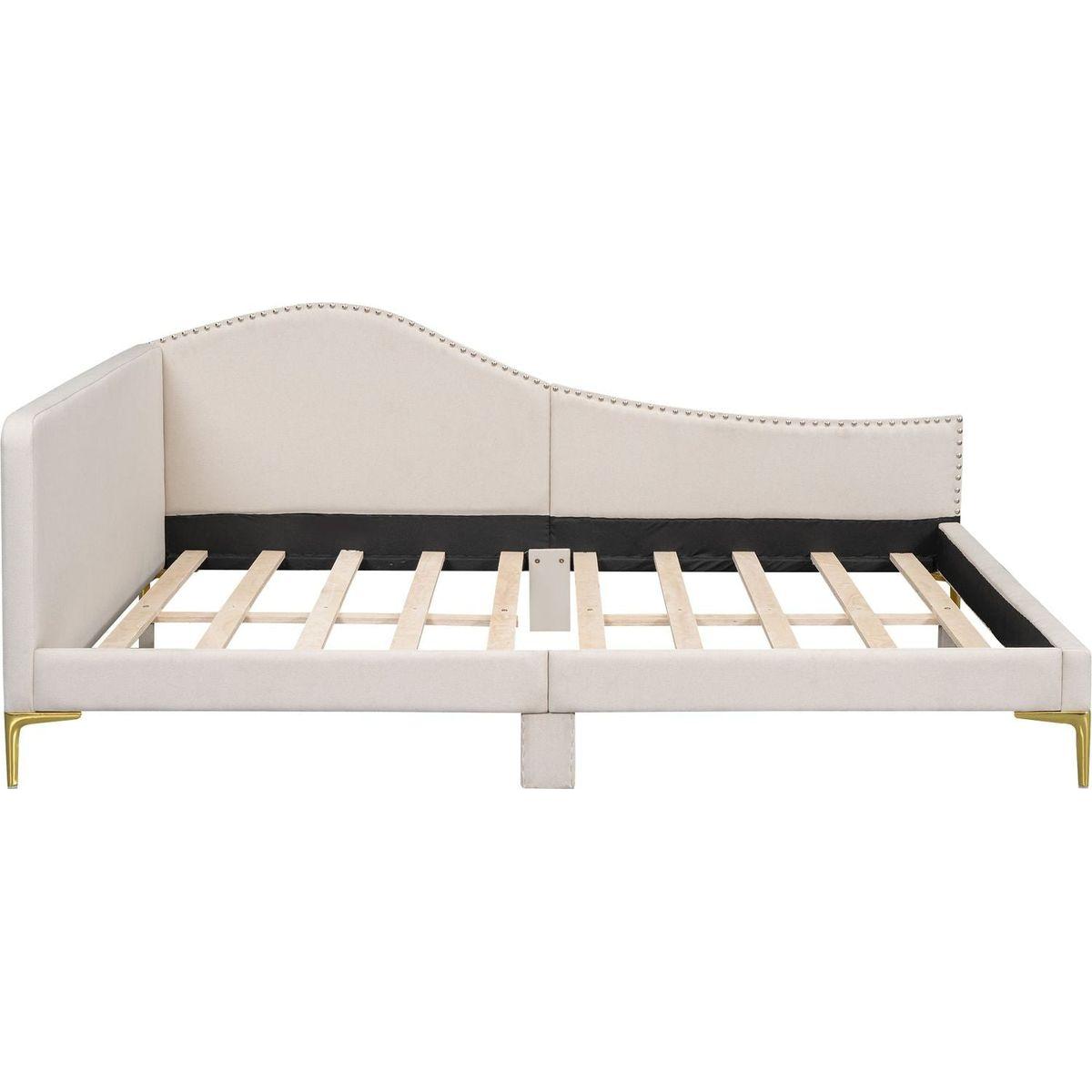 Full Size Upholstered Daybed with Headboard and Armrest, Support Legs, Beige