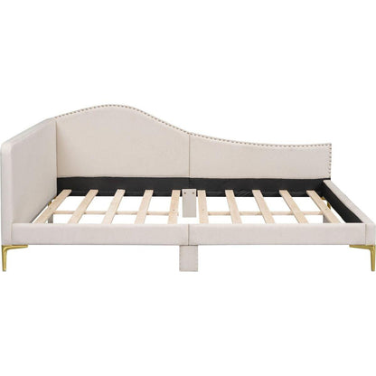 Full Size Upholstered Daybed with Headboard and Armrest, Support Legs, Beige