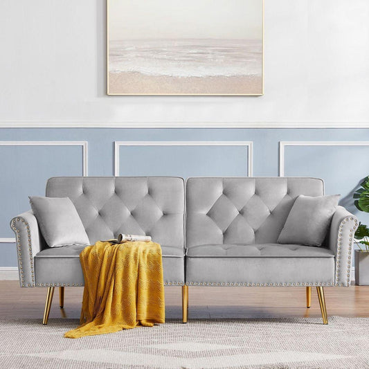 GREY Velvet Tufted Sofa Couch with 2 Pillows and Nailhead Trim