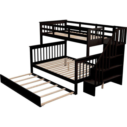 Twin-Over-Full Bunk Bed with Twin size Trundle, Storage and Guard Rail for Bedroom, Dorm, for Adults, Espresso