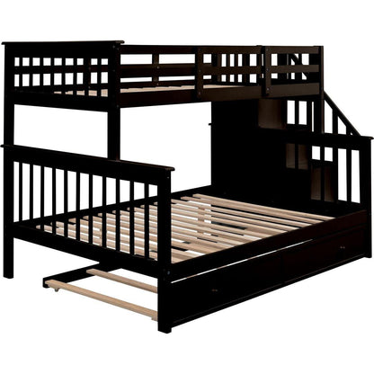 Twin-Over-Full Bunk Bed with Twin size Trundle, Storage and Guard Rail for Bedroom, Dorm, for Adults, Espresso